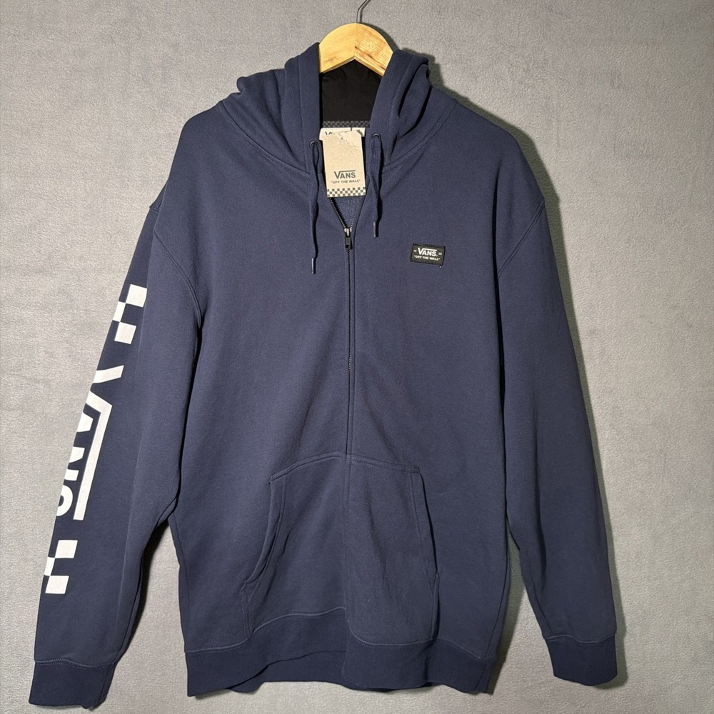 Vans Off The Wall Checkerboard Sleeve Zip Up Hoodie Navy Blue Mens, Size XL NWT